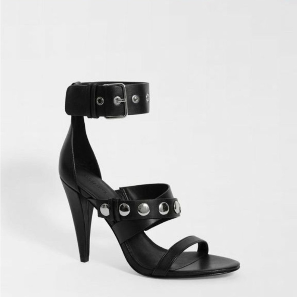 All Saints Black Studded Leather Ankle-Strap Sandals
